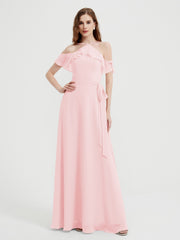 Y Neck Chiffon Dress with Ruffles Sleeves Blushing Pink