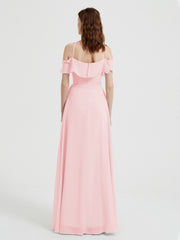 Y Neck Chiffon Dress with Ruffles Sleeves Blushing Pink