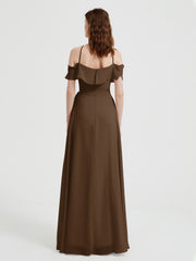Y Neck Chiffon Dress with Ruffles Sleeves Brown