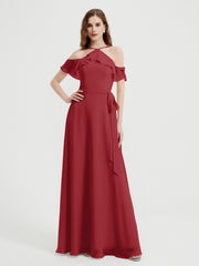 Y Neck Chiffon Dress with Ruffles Sleeves Burgundy
