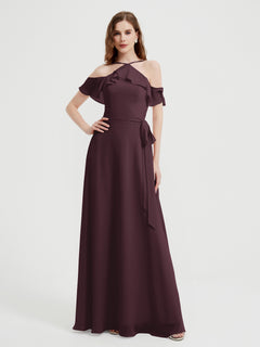 Y Neck Chiffon Dress with Ruffles Sleeves Cabernet