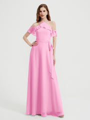 Y Neck Chiffon Dress with Ruffles Sleeves Candy Pink