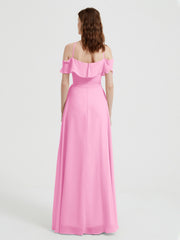 Y Neck Chiffon Dress with Ruffles Sleeves Candy Pink