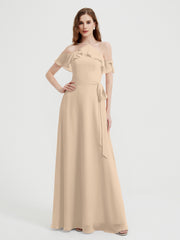 Y Neck Chiffon Dress with Ruffles Sleeves Champagne