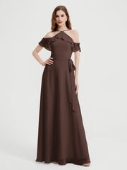 Y Neck Chiffon Dress with Ruffles Sleeves Chocolate