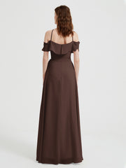 Y Neck Chiffon Dress with Ruffles Sleeves Chocolate