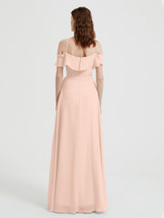 Y Neck Chiffon Dress with Ruffles Sleeves Coral
