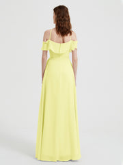 Y Neck Chiffon Dress with Ruffles Sleeves Daffodil