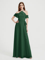 Y Neck Chiffon Dress with Ruffles Sleeves Dark Green