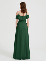 Y Neck Chiffon Dress with Ruffles Sleeves Dark Green