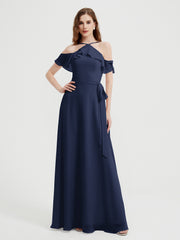 Y Neck Chiffon Dress with Ruffles Sleeves Dark Navy