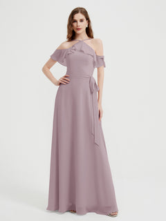 Y Neck Chiffon Dress with Ruffles Sleeves Dusk