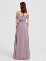 Y Neck Chiffon Dress with Ruffles Sleeves Dusk