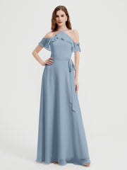 Y Neck Chiffon Dress with Ruffles Sleeves Dusty Blue