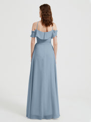 Y Neck Chiffon Dress with Ruffles Sleeves Dusty Blue
