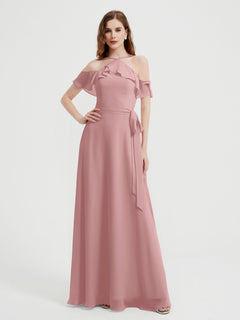 Y Neck Chiffon Dress with Ruffles Sleeves Dusty Rose
