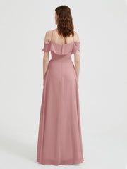 Y Neck Chiffon Dress with Ruffles Sleeves Dusty Rose