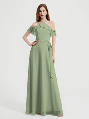 Y Neck Chiffon Dress with Ruffles Sleeves Dusty Sage