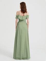 Y Neck Chiffon Dress with Ruffles Sleeves Dusty Sage