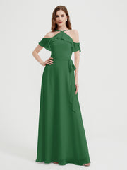 Y Neck Chiffon Dress with Ruffles Sleeves Emerald