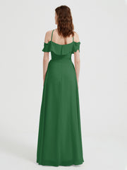 Y Neck Chiffon Dress with Ruffles Sleeves Emerald