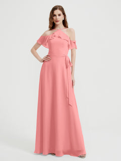 Y Neck Chiffon Dress with Ruffles Sleeves Flamingo