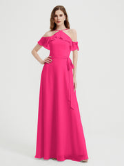 Y Neck Chiffon Dress with Ruffles Sleeves Fuchsia