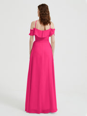 Y Neck Chiffon Dress with Ruffles Sleeves Fuchsia