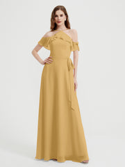 Y Neck Chiffon Dress with Ruffles Sleeves Gold