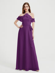Y Neck Chiffon Dress with Ruffles Sleeves Grape