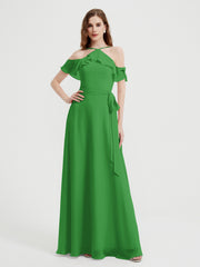Y Neck Chiffon Dress with Ruffles Sleeves Green