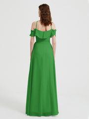 Y Neck Chiffon Dress with Ruffles Sleeves Green