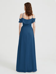 Y Neck Chiffon Dress with Ruffles Sleeves Ink Blue