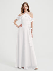 Y Neck Chiffon Dress with Ruffles Sleeves Ivory