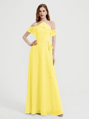 Y Neck Chiffon Dress with Ruffles Sleeves Lemon