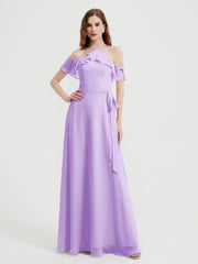 Y Neck Chiffon Dress with Ruffles Sleeves Lilac