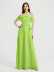Y Neck Chiffon Dress with Ruffles Sleeves Lime Green