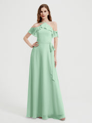 Y Neck Chiffon Dress with Ruffles Sleeves Mint Green