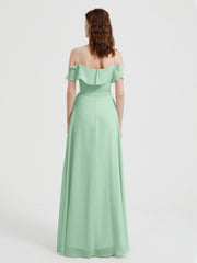 Y Neck Chiffon Dress with Ruffles Sleeves Mint Green