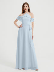 Y Neck Chiffon Dress with Ruffles Sleeves Mist