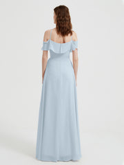 Y Neck Chiffon Dress with Ruffles Sleeves Mist