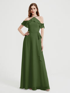 Y Neck Chiffon Dress with Ruffles Sleeves Moss