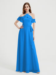 Y Neck Chiffon Dress with Ruffles Sleeves Ocean Blue