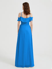 Y Neck Chiffon Dress with Ruffles Sleeves Ocean Blue