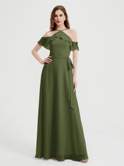 Y Neck Chiffon Dress with Ruffles Sleeves Olive Green