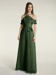 Y Neck Chiffon Dress with Ruffles Sleeves Olive Green