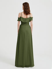 Y Neck Chiffon Dress with Ruffles Sleeves Olive Green