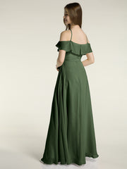 Y Neck Chiffon Dress with Ruffles Sleeves Olive Green