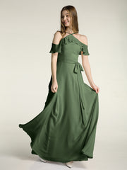 Y Neck Chiffon Dress with Ruffles Sleeves Olive Green