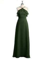 Y Neck Chiffon Dress with Ruffles Sleeves Olive Green